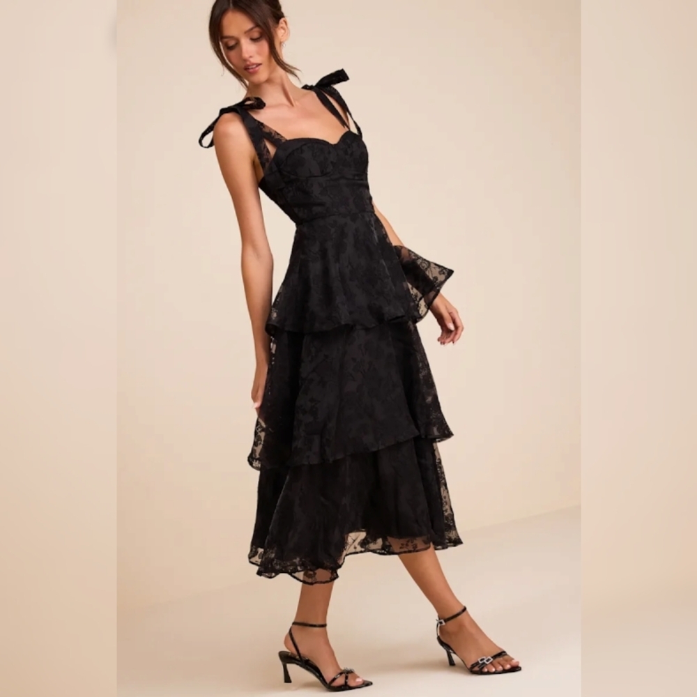 Lulus Glamorous Sweetie Black Jacquard Tie-Strap Midi Dress NWT